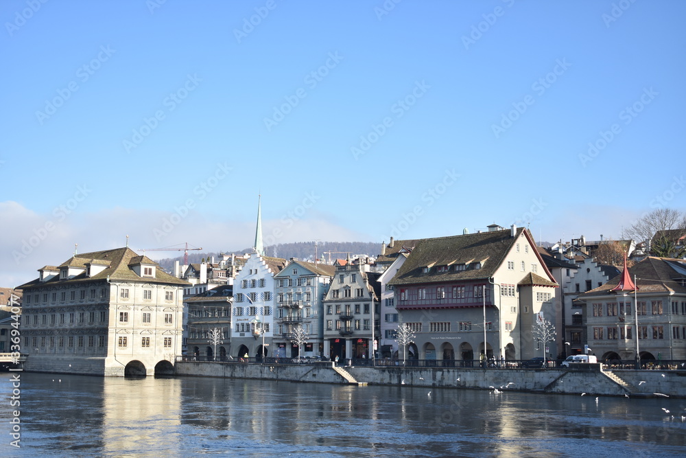 Cityscape in Altstadt along the Limmat river running through Zurich Switzerland