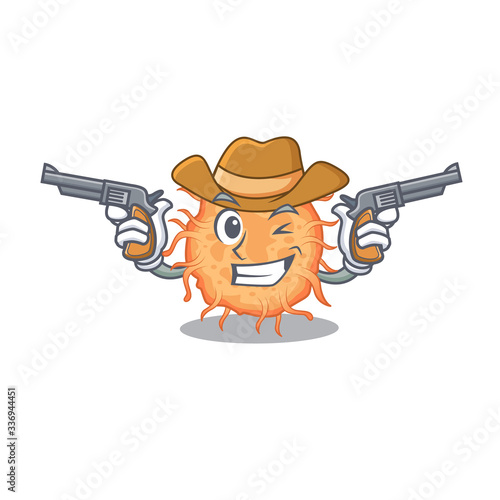 Cute handsome cowboy of bacteria endospore cartoon character with guns