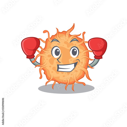 A sporty boxing athlete mascot design of bacteria endospore with red boxing gloves