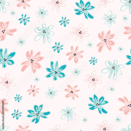 Seamless floral pattern with cute abstract hand drawn flowers for baby and children product design, fabric, wallpaper, clothing, textile, scrapbooking