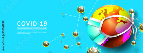 COVID-19 pandemic on global planet earth. Globe use a mask to prevent by corona virus. Fight coronavirus together concept. - Vector