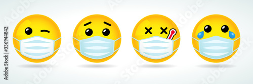 Emoji with guard mouth mask. Yellow smile face with wink, sick, crying and surprised emoticon wearing a white surgical mask. Vector icon