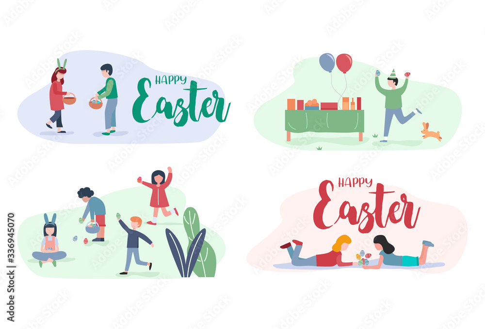 Flat design, Happy Easter, Children enjoy an Easter egg hunt.