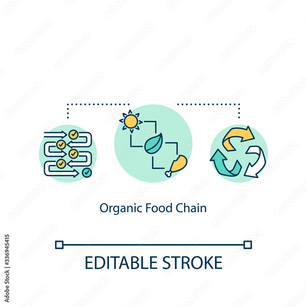 Organic food chain concept icon. Natural produce and meat growing. Eco friendly farming idea thin line illustration. Vector isolated outline RGB color drawing. Editable stroke Organic food chain concept icon. Natural produce and meat growing. Eco friendly farming idea thin line illustration. Vector isolated outline RGB color drawing. Editable stroke