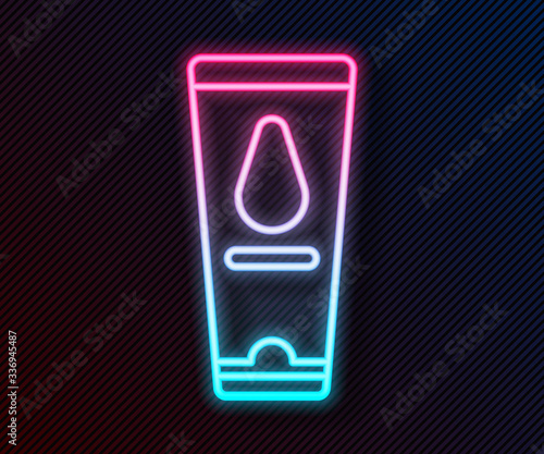 Glowing neon line Personal lubricant icon isolated on black background. Lubricating gel. Cream for erotic sex games. Tube with package box. Vector Illustration