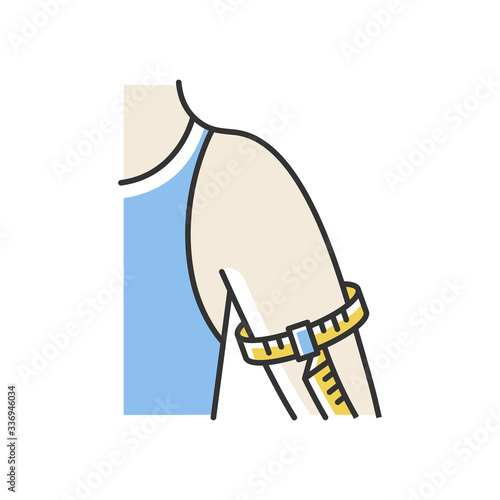 Upper arm circumference RGB color icon. Human body measurements, dimensions specification. Bespoke suit sleeve width determination. Isolated vector illustration