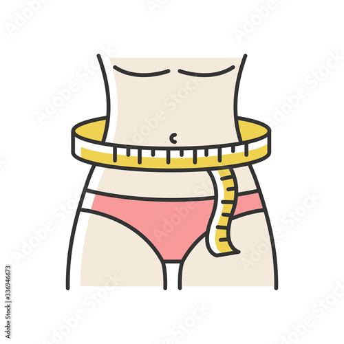Waist circumference RGB color icon. Tailor measurements, slimming. Woman waistline width specification for bespoke female clothing. Isolated vector illustration