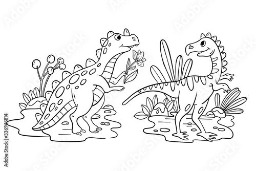 Vector coloring page with two cute dinosaurs and prehistoric plants. Funny t-rex holding a flower. Hand drawn doodle coloring book for kids isolated on white. 