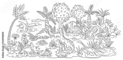 Big vector coloring page with different dinosaurs, prehistoric tropical plants, trees, nest and flowers. Cute and funny dinos in doodle style. Coloring book for kid’s educational games.