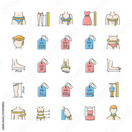 Clothing sizes RGB color icons set. Human body measurements. Female and male dimensions and proportions parameters for apparel. Isolated vector illustrations