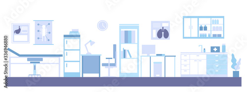 Hospital background for medicine concept vector, hospital reception hall in flat style. Modern hospital corridor interior with furniture and equipment. Background for Hospital and healthcare banner.