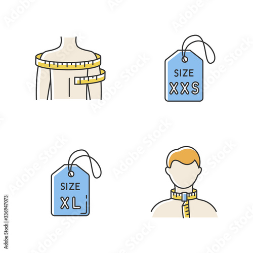 Clothing size tags and body measuring RGB color icons set. XS and XXL size labels, neck and shoulders circumference. Bespoke clothing. Isolated vector illustrations
