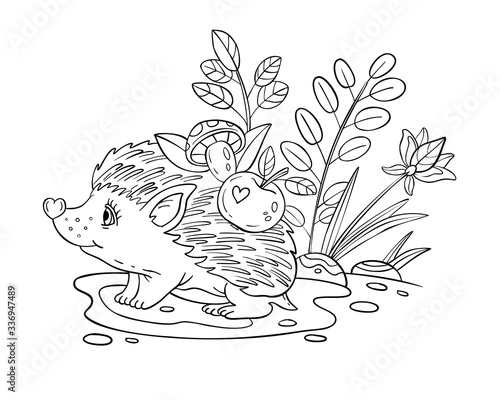 Vector coloring page with baby hedgehog, plants, apples, mushrooms, leaves. Doodle coloring book with cute animal isolated on white. For nursery posters, pre-school educational games,prints for kids.  photo