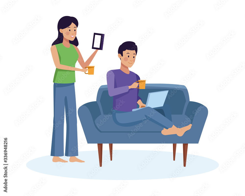 couple using smartphone and laptop characters