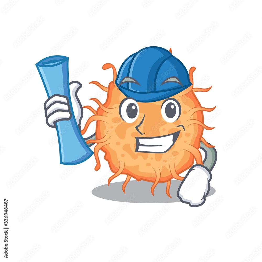 Cartoon character of bacteria endospore brainy Architect with blue prints and blue helmet