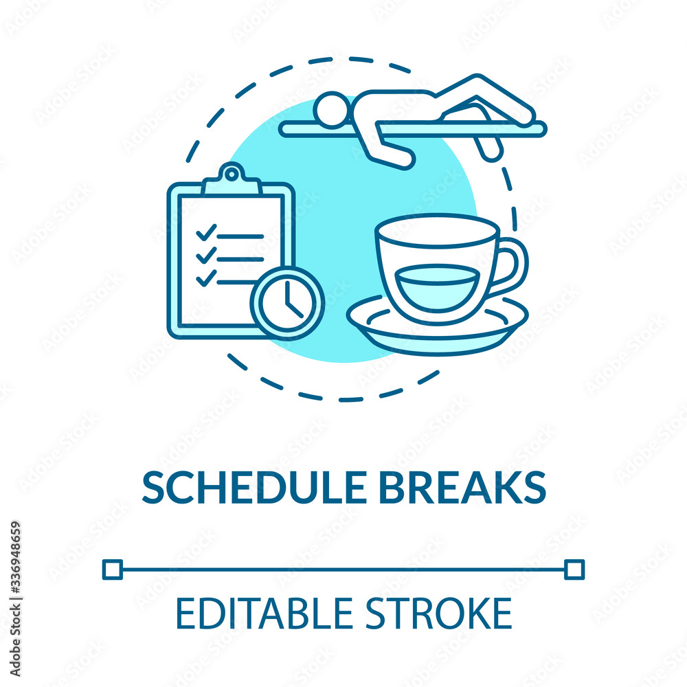 Schedule breaks turquoise concept icon. Free time from work. Pause from studying. Overworked employee. Selfcare idea thin line illustration. Vector isolated outline RGB color drawing. Editable stroke Schedule breaks turquoise concept icon. Free time from work. Pause from studying. Overworked employee. Selfcare idea thin line illustration. Vector isolated outline RGB color drawing. Editable stroke
