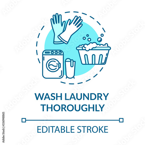 Wash laundry thoroughly turquoise concept icon. Clean clothes. Disinfection for health care. Quarantine idea thin line illustration. Vector isolated outline RGB color drawing. Editable stroke
