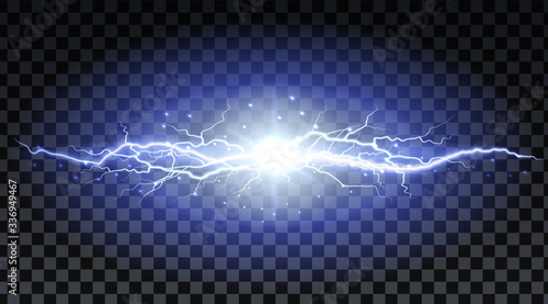 Lightning strikes and sparks, electrical energy on transparent background. Lightning flash and spark. Vector neural cells system. photo
