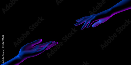 Neon duotone female abstract reaching for each other hands on black, mannequin arms, 3d rendering,