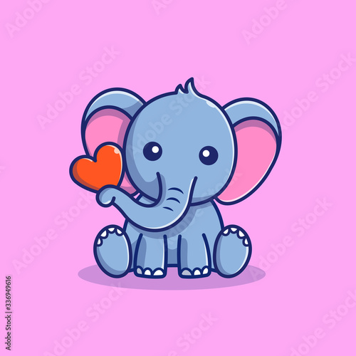 Cute Elephant Hold Love Vector Icon Illustration. Elephant Mascot Cartoon Character. Animal Icon Concept White Isolated. Flat Cartoon Style Suitable for Web Landing Page, Banner, Flyer, Sticker, Card © catalyststuff