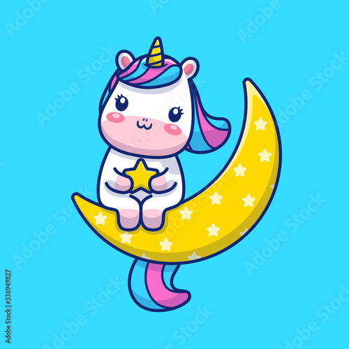 Cute Unicorn On Moon Vector Icon Illustration. Unicorn Mascot Cartoon Character. Animal Icon Concept White Isolated. Flat Cartoon Style Suitable for Web Landing Page, Banner, Flyer, Sticker, Card