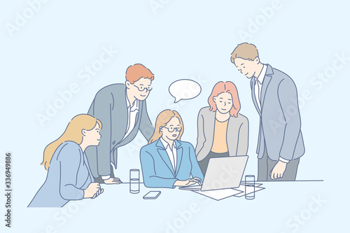 Business meeting, teamwork, analysis, cooperation concept. Team, business people, businessmen women partners coworkers cooperate together. Office meeting. Planning strategy. Teamwork training Vector