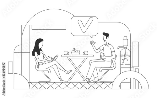 Self presentation skills thin line vector illustration. HR manager and confident candidate outline characters on white background. Job interview, competent candidate recruitment simple style drawing
