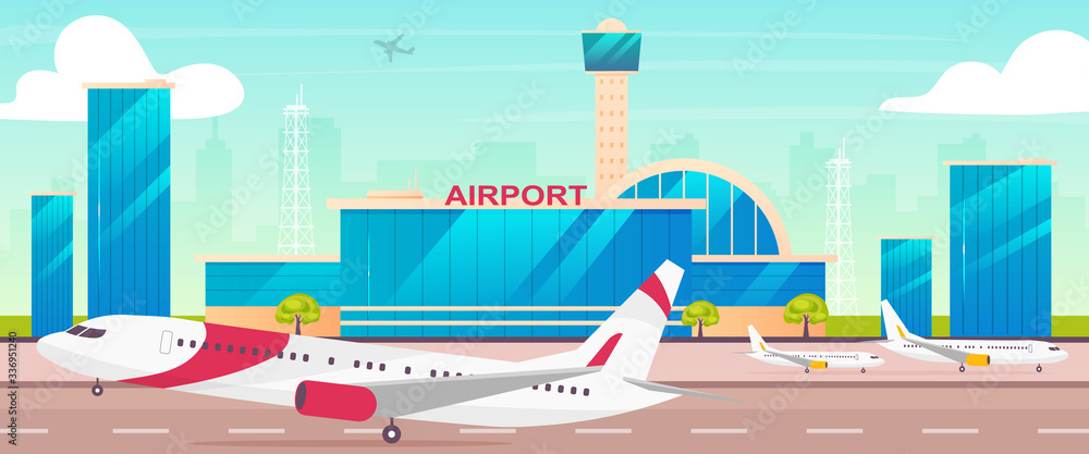 Airport flat color vector illustration. Runway with departing plane 2D  cartoon landscape with control tower on background. International airline  transportation business. Civil aviation industry Stock Vector | Adobe Stock