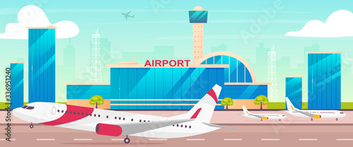 Airport flat color vector illustration. Runway with departing plane 2D cartoon landscape with control tower on background. International airline transportation business. Civil aviation industry