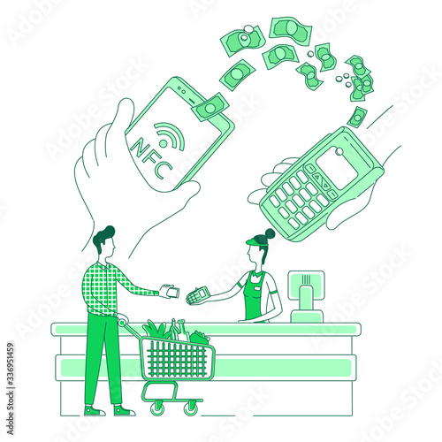 Mobile e-payments thin line concept vector illustration. Customer making payment with smartphone, cashier and buyer 2D cartoon characters for web design. Smart app benefits creative idea