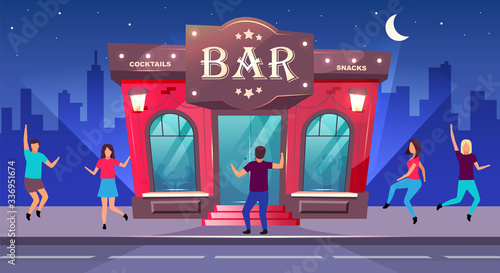 Bar night event flat color vector illustration. Nightclub entertainment. Group celebrate on sidewalk outside cafe. Nighttime 2D cartoon cityscape with dancing people on background