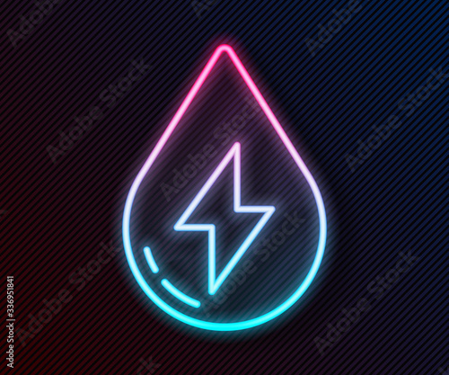 Glowing neon line Water energy icon isolated on black background. Ecology concept with water droplet. Alternative energy concept. Vector Illustration