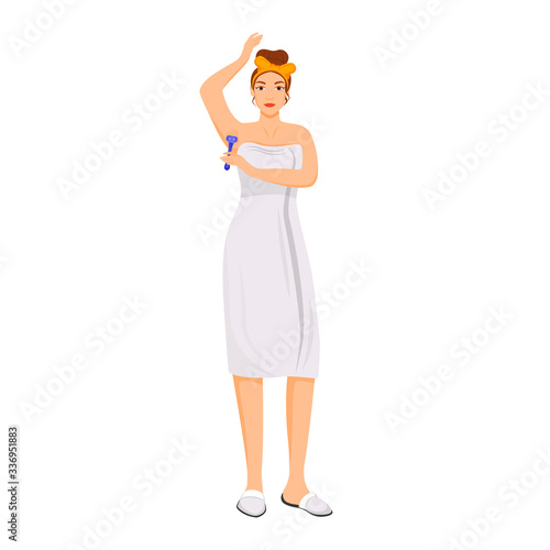 Young woman in towel shaving armpits flat color vector faceless character. Morning hygiene routine, depilation isolated cartoon illustration for web graphic design and animation. Girl remove body hair © The img