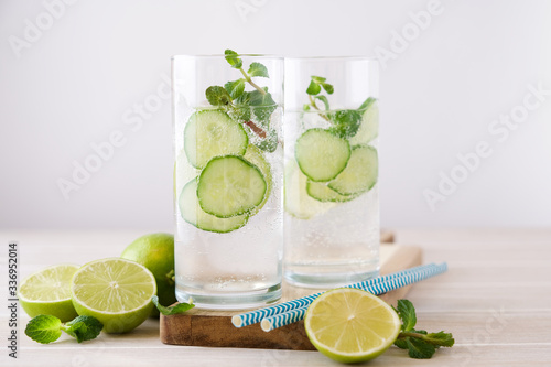 Cold refreshing drink with cucumber, lime and mint. Summer detox lemonade