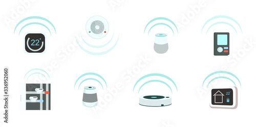 Smart devices flat color vector objects set. Intelligent domestic appliances 2D isolated cartoon illustrations on white background. Climate control sensors, smoke detectors, smart speakers and vacuum