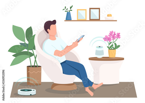 Guy in modern living room flat color vector faceless character. Man using smart speaker and vacuum cleaner. Internet of things isolated cartoon illustration for web graphic design and animation