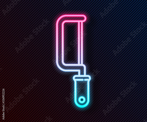 Glowing neon line Hacksaw icon isolated on black background. Metal saw for wood and metal. Vector Illustration