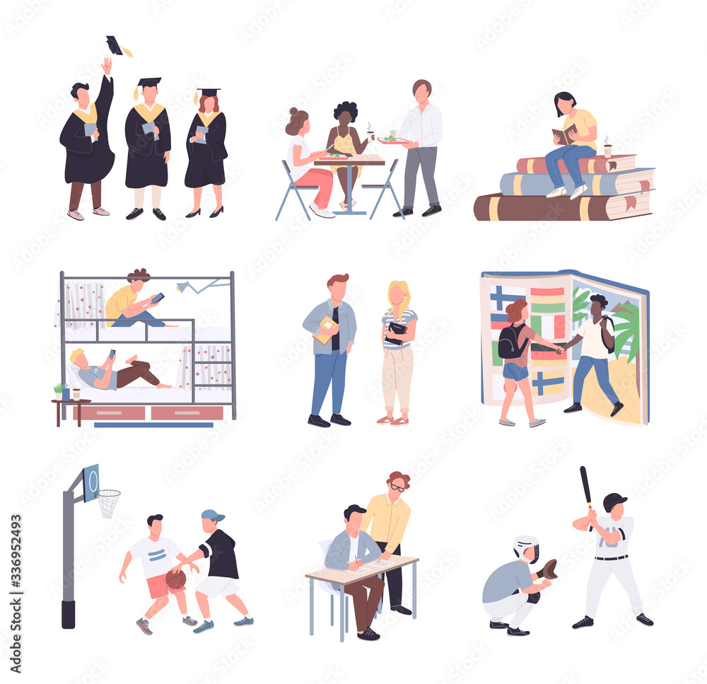 University students flat color vector faceless characters set. Students isolated cartoon illustrations on white background. College lifestyle. Studying, dormitory, sport, communication and graduation