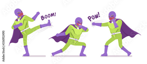 Male super hero in a classic costume, fighting pose. Strong brave warrior, superpower man with superior combat and battle skills, successful extraordinary guy. Vector flat style cartoon illustration