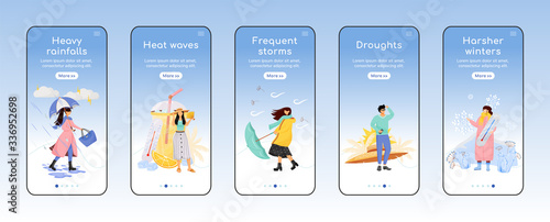 Weather forecast onboarding mobile app screen flat vector template. Seasonal storms. Walkthrough website steps with characters. UX, UI, GUI smartphone cartoon interface, case prints set