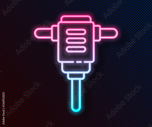 Glowing neon line Electric rotary hammer drill machine icon isolated on black background. Working tool for construction, finishing, repair work. Vector Illustration