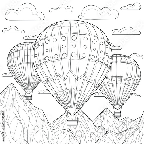 Balloons soar among the clouds and mountains.Coloring book antistress for children and adults. Zen-tangle style.Black and white drawing