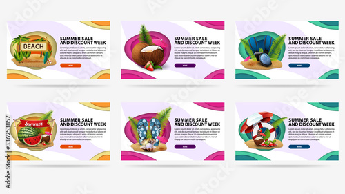 Summer sale and discount week, set modern colorful discount banners with copy space and buttons in paper cut style. Large collection of discount banners with summer illustrations