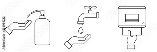 How to wash hands safely instructions. Hand washing procedure thin line icon. Steps: use soap, scrub, rinse and dry. Soap dispenser, faucet and paper towels. Vector illustration, flat style, clip art