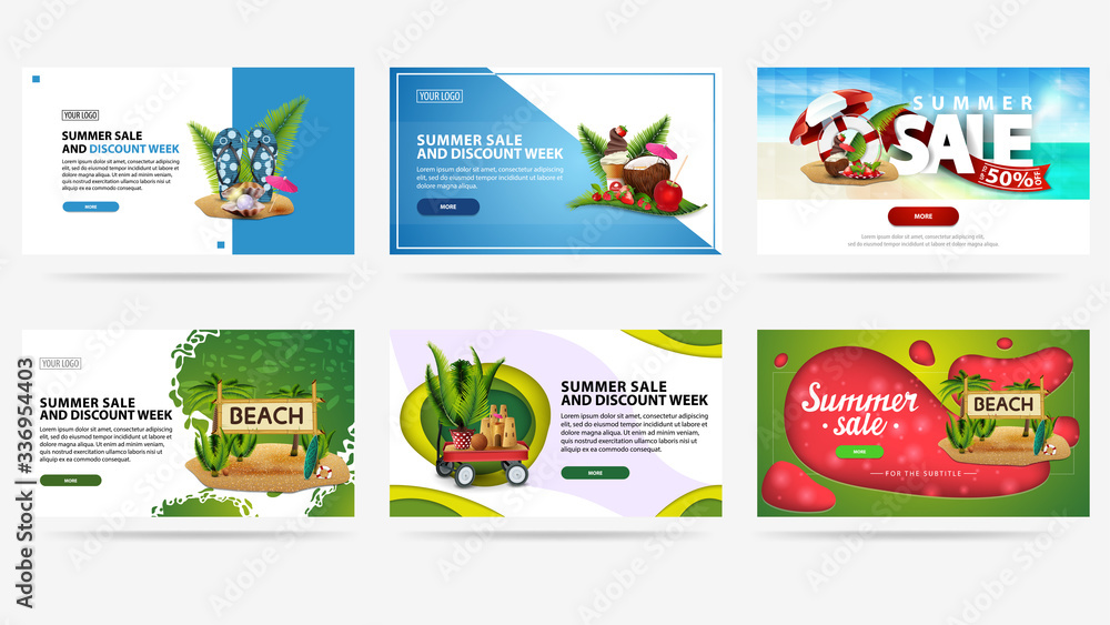 Summer sale and discount week, banners for website with buttons in different styles for your website. Large creativity collection