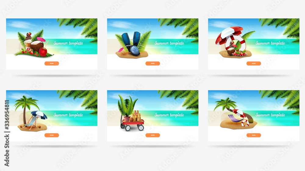 Summer template with seascape, summer illustrations, palm leaves and buttons. Horizontal template for your business. Summer template for discount, greeting or website
