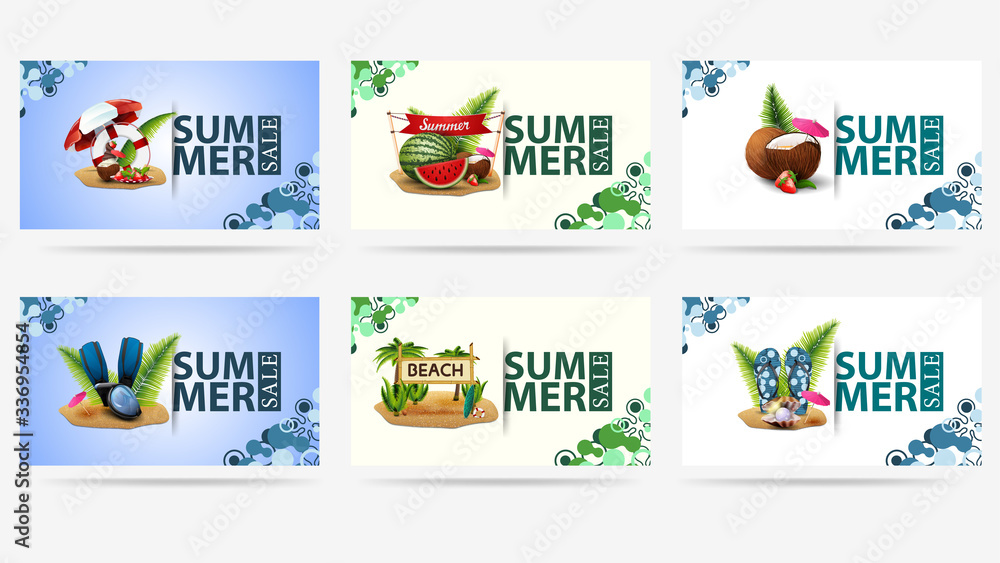 Summer sale, modern white discount web banners templates in minimalistic style with summer illustrations for your website