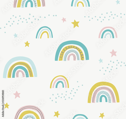 Fotografie, Obraz Hand drawn cute abstract pattern with rainbows and stars