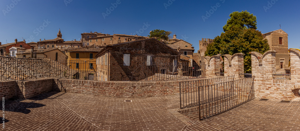 Panorama of the medieval skyline, taken from the city walls of Corinaldo, Le Marche, Italy, near Senigallia