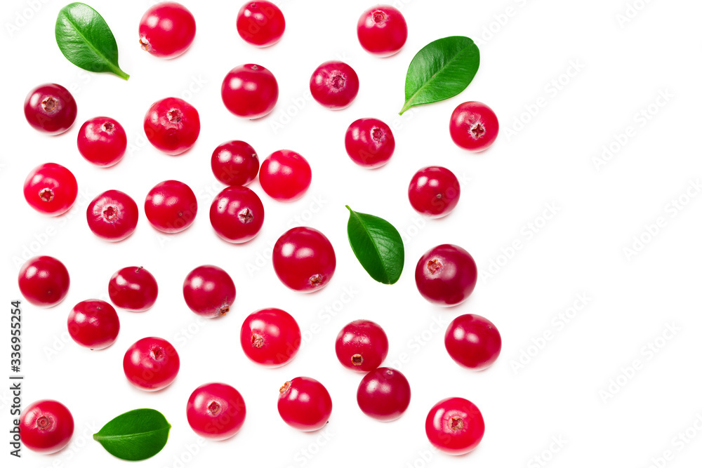 Cranberry with green leaves isolated on white background. top view Cranberry with green leaves isolated on white background. top view